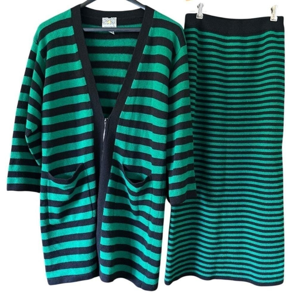 Crescendo Womens Striped Sweater Set Vintage 80's Lambswool Green Black Small